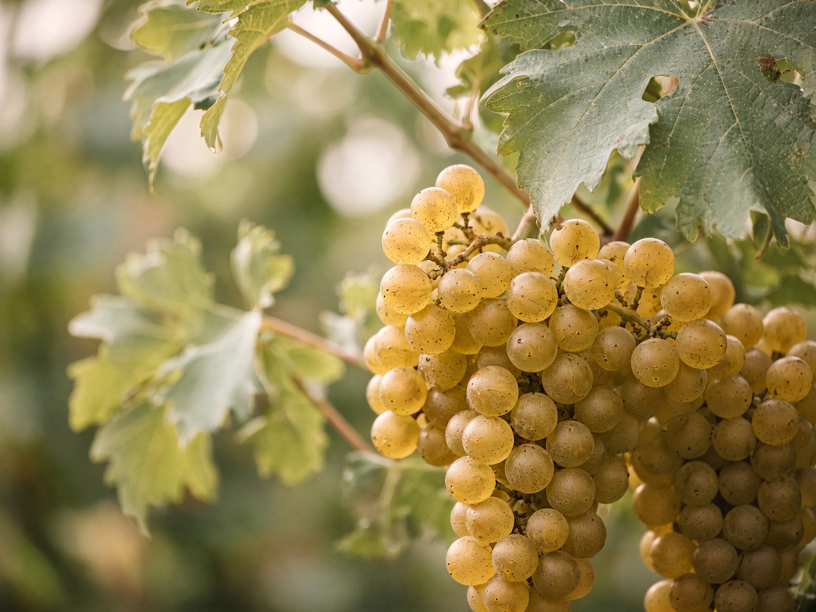 Golden-green Chardonnay clusters on the vine