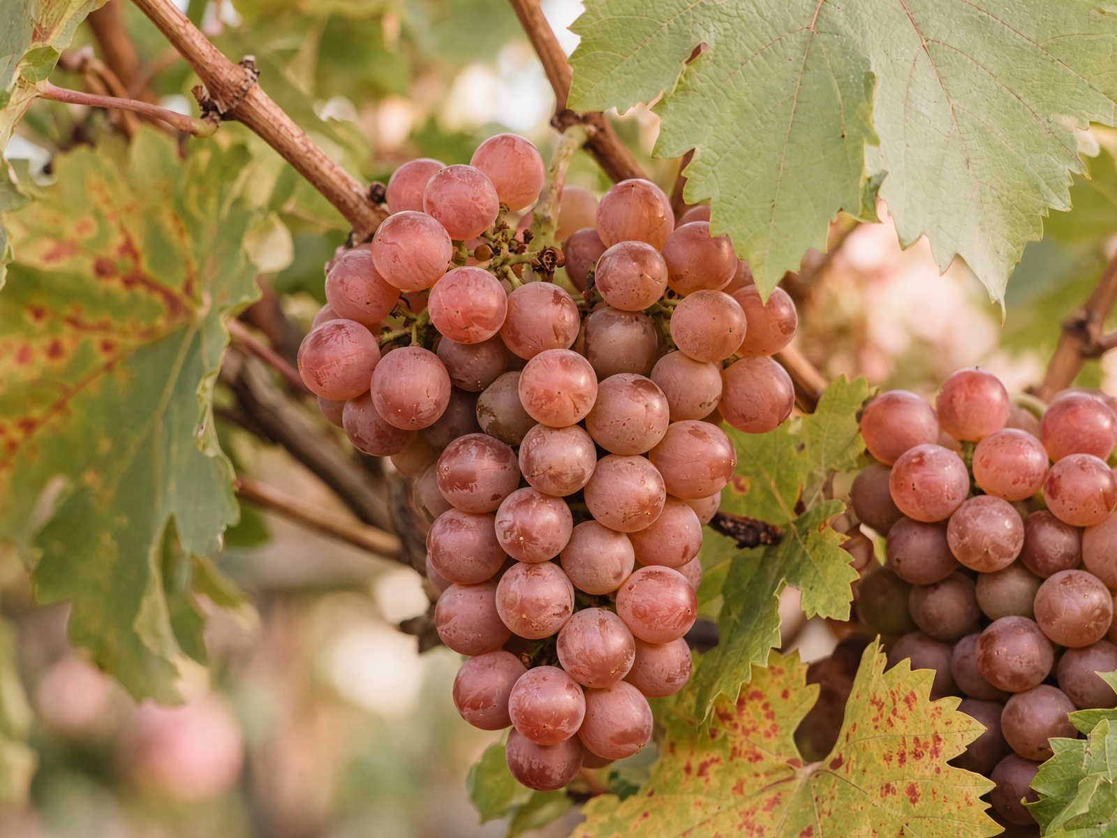 Pink-copper Gewürztraminer clusters on the vine