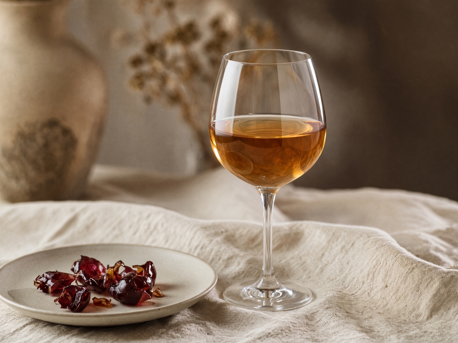 Amber skin-contact wine in the glass