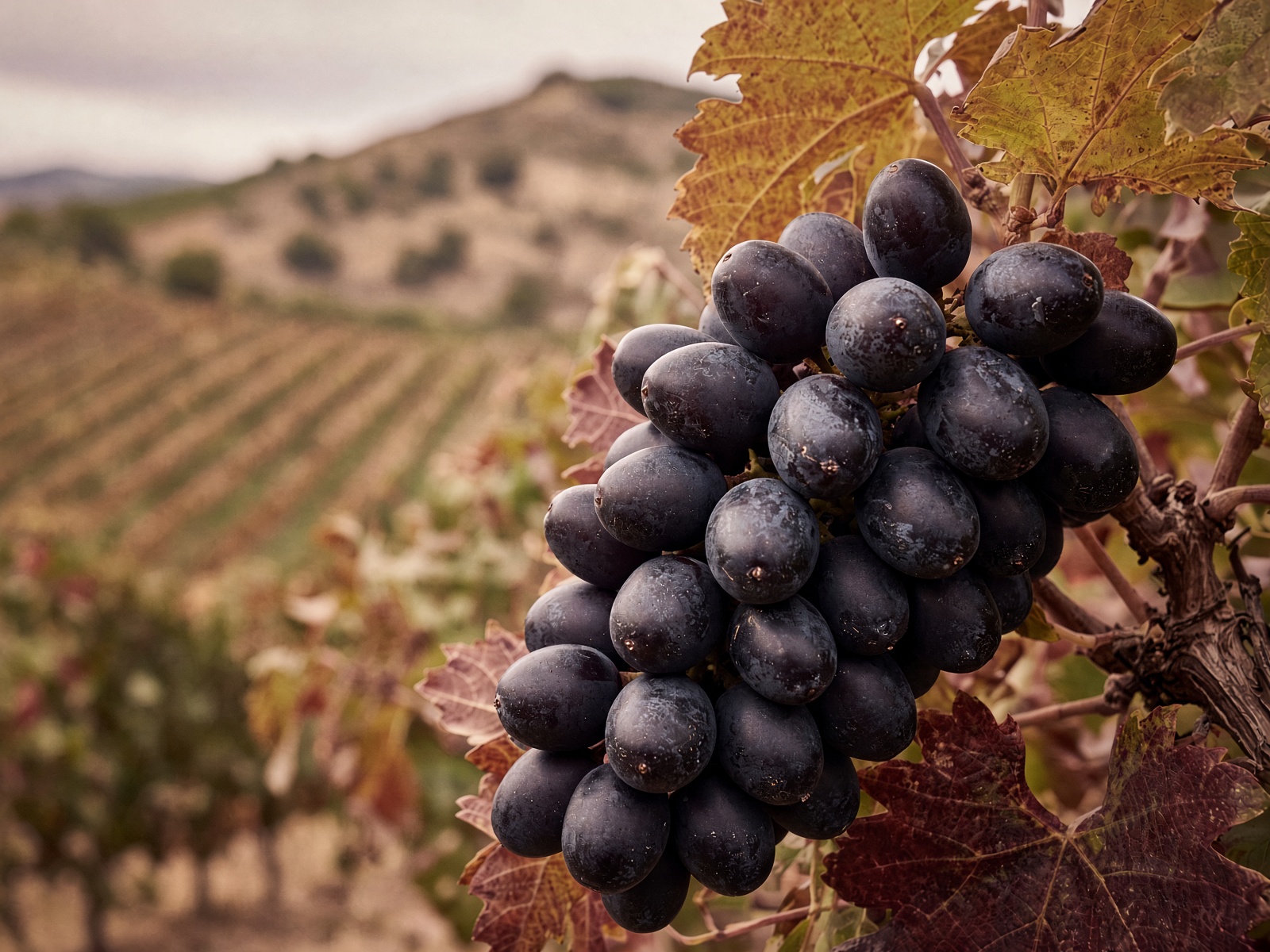 Syrah clusters on the vine