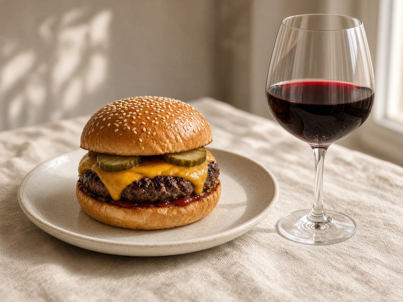 Cheeseburger with a glass of red wine