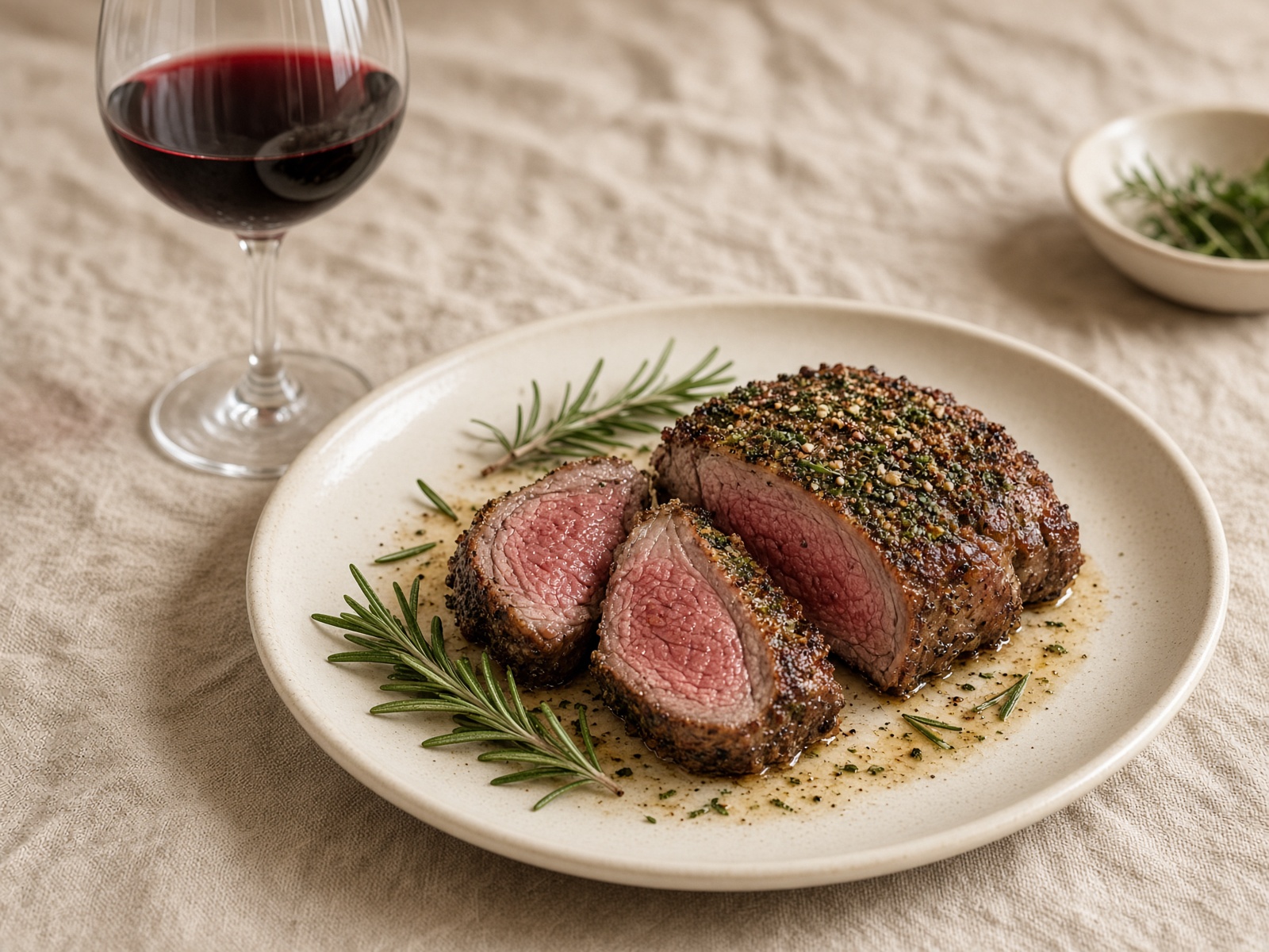 Herb-crusted lamb with red wine