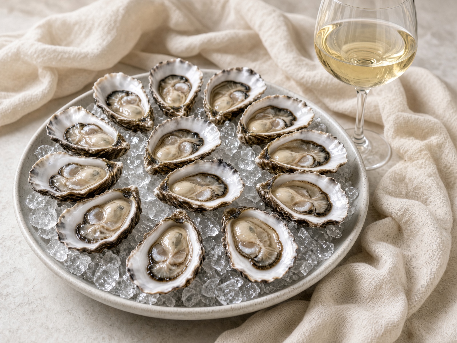 Oysters on ice with white wine