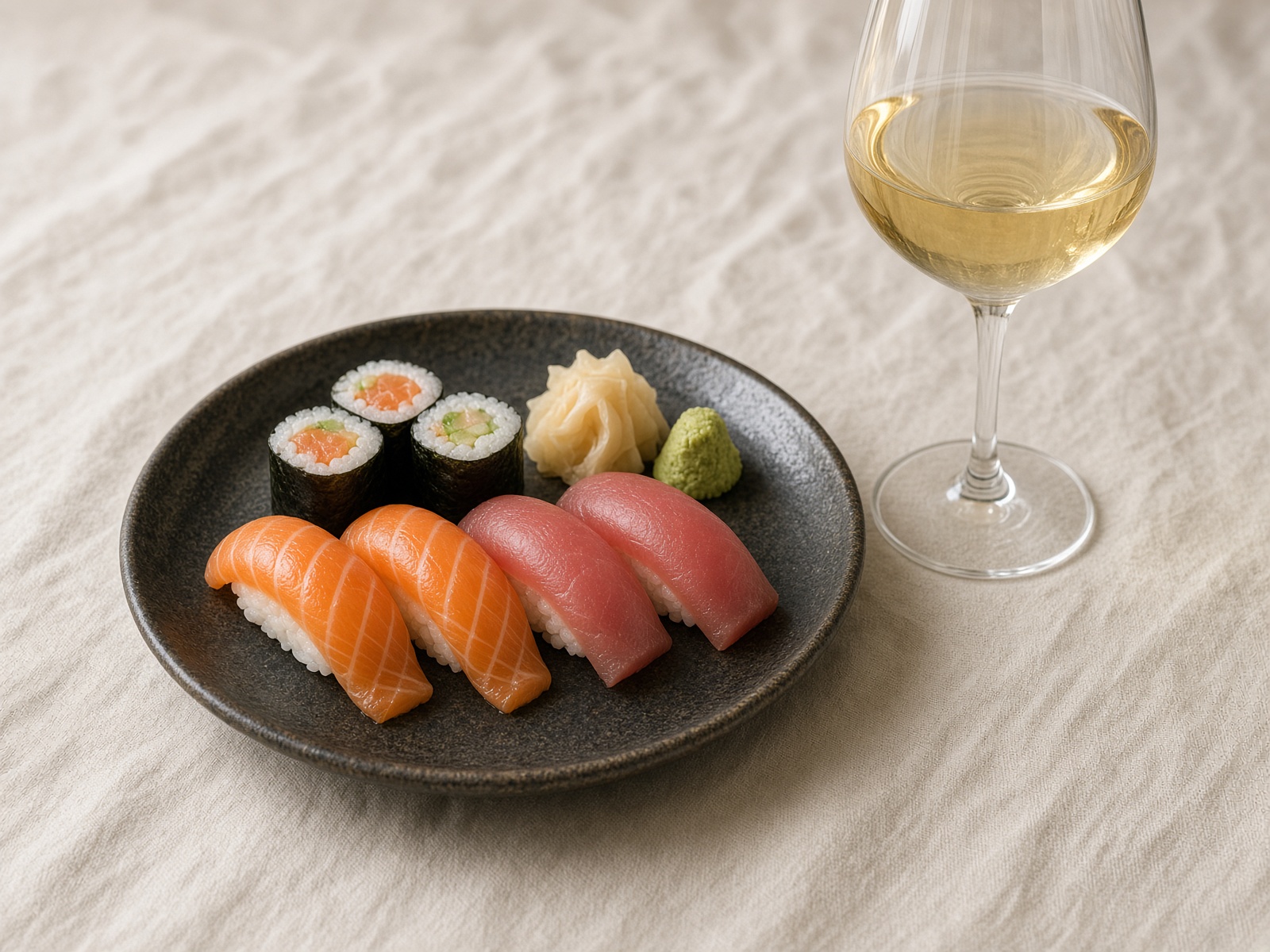 Sushi with chilled white wine