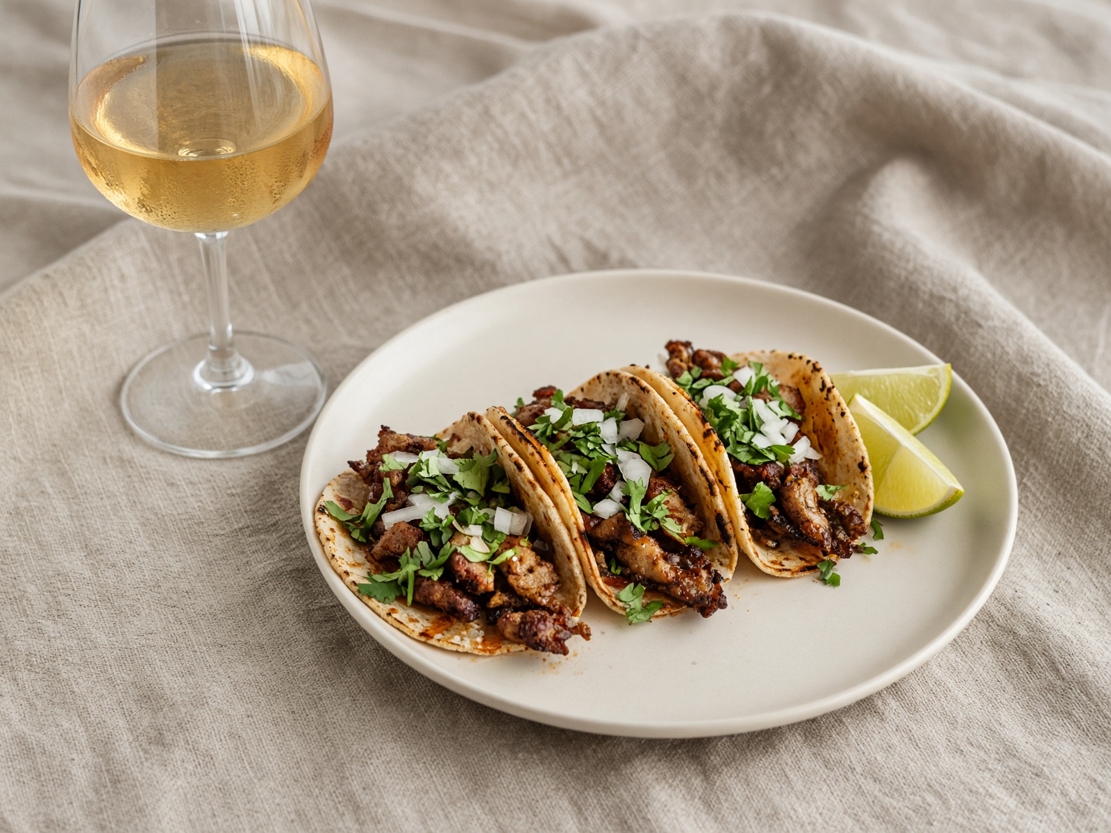 Tacos with a glass of wine