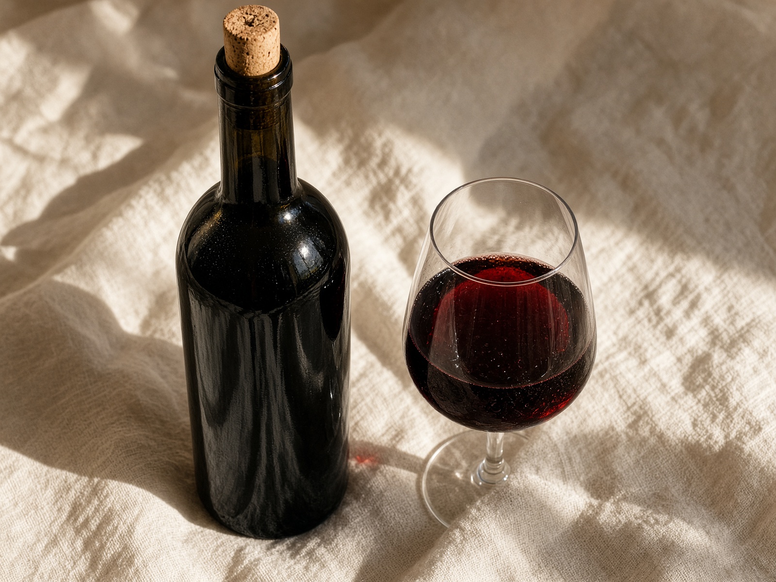 Sun-struck bottle with a pushed cork
