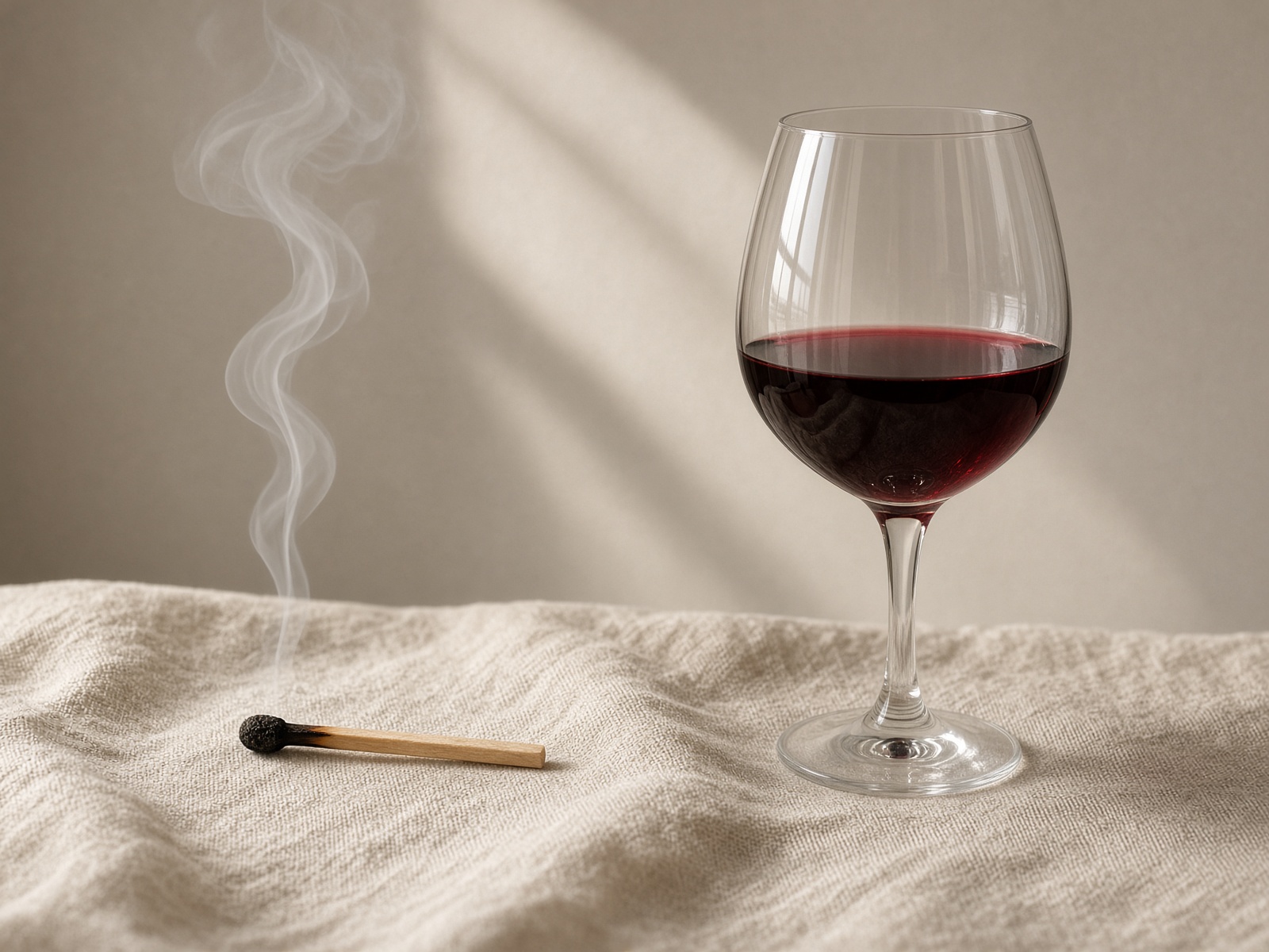 Struck match beside a glass of red