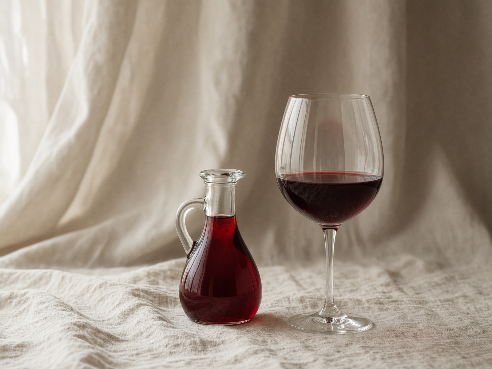 Wine vinegar cruet beside a glass of red